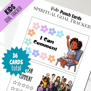 Könnte beinhalten: Ein druckbares Blatt mit Kids Spiritual Goal Trackers Stanzkarten mit dem Text Kids Punch Cards und I Can Comment. Das Design enthält bunte Blumengrafiken, eine Illustration eines Kindes, das die Hand hebt, und eine Gruppe von Menschen.