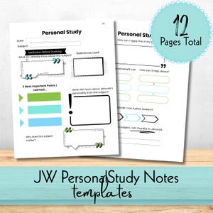 May include: Two white paper sheets featuring Personal Study templates with black text, green and blue accents, and various blank fields for notes. A circular teal badge in the top right corner displays the text 12 Pages Total in black.
