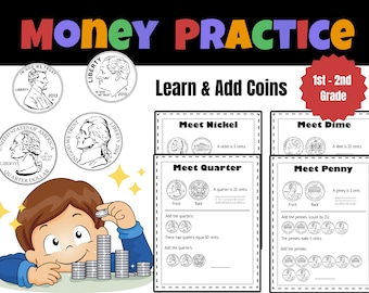 Money Math Worksheets, Coins Money Worksheets for 1st 2nd Grade, Counting money, Activity Book, Math Worksheet 1st grade printable, US Coins