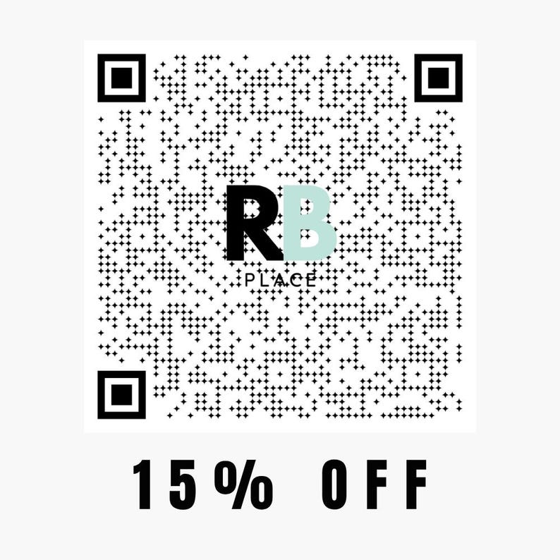 May include: A square black and white QR code featuring the text RB PLACE in the center, with the letter R in black and the letter B in light blue. Below the QR code, the text 15% OFF is displayed in bold black capital letters on a white background.