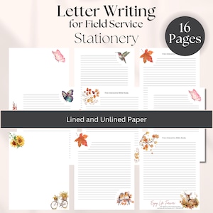 Peut inclure: Ensemble de papeterie pour l'écriture de lettres, avec des pages lignées et non lignées. Les pages sont décorées d'illustrations à l'aquarelle de papillons, de colibris, de tournesols et de feuilles d'automne. L'ensemble comprend 16 pages.