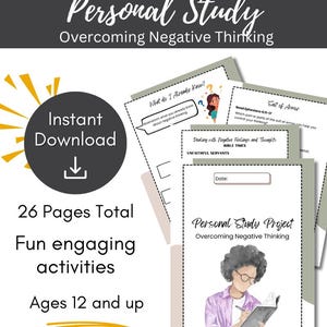 Puede incluir: Descarga digital titulada "Personal Study: Overcoming Negative Thinking". La portada presenta una ilustración de una persona leyendo. La descarga incluye 26 páginas de actividades divertidas para mayores de 12 años. Incluye hojas de trabajo y avisos.