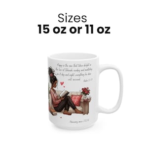 May include: A white ceramic mug featuring an illustration of a person reading on a sofa with the text "Happy is the one that takes delight in the law of Jehovah, reading and meditating on it day and night...everything he does will succeed. Psalm 1:1-3" and "Pioneering since 2026". Available in 15 oz or 11 oz sizes.