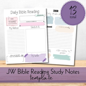 May include: A set of 13 Daily Bible Reading study note templates featuring sections for dates, references, meditation questions, notes, sketching, and goals. The pages include pastel-coloured accents in pink, purple, and teal with black text.