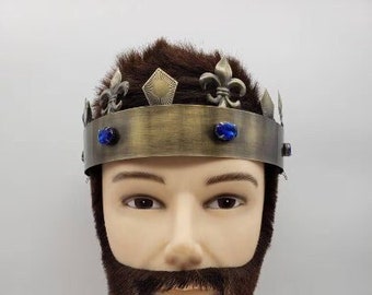 Brass King's Crown | Blue Rhinestones | Medieval Renaissance Men's Cosplay Fleur De Lis French