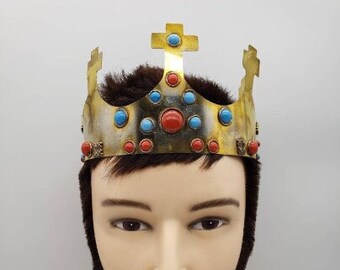 Adjustable Gold Color Crown | Blue & Red Stones | Medieval Renaissance Prince Princess King Queen Unisex