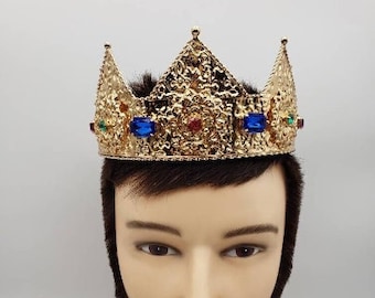 Unisex Gold Color Jeweled Crown | Adjustable Medieval King Queen Prince Princess Renaissance