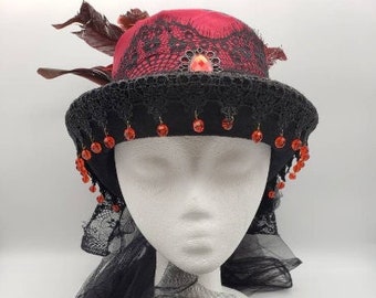 Red & Black Ladie's Top Hat With Veil | Victorian Vampire Gothic Halloween Steampunk