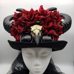 Horned Steampunk Top Hat | Roses Goggles Crow Skull Veil | Gothic Halloween Victorian