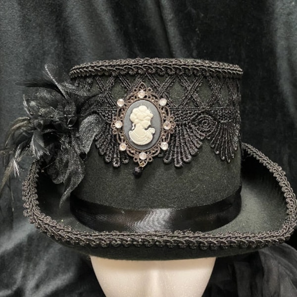 Sombrero de copa de mujer con velo y camafeo / Vampiro gótico victoriano Halloween