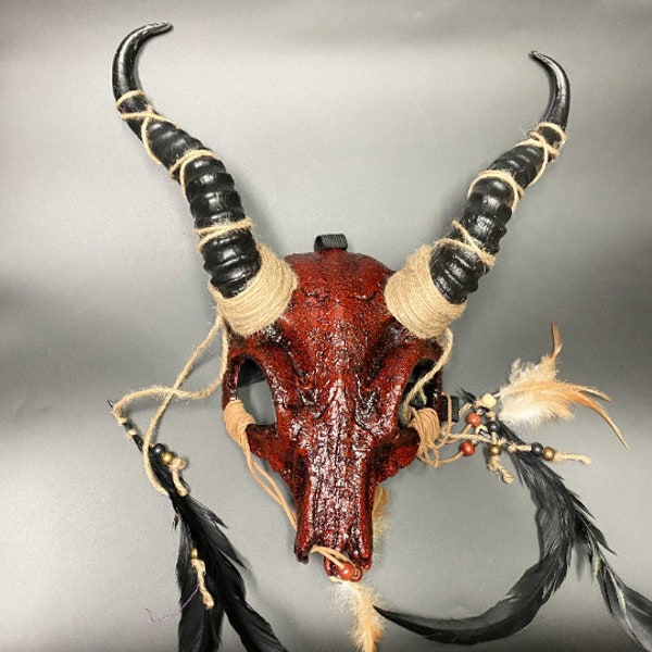 Outward Horns Ancestral Demon Skull Mask | Red White Bone | Wendigo Shaman Witch Doctor Halloween