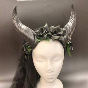 Horned Headband with Veil | Black Roses | Gothic Maleficent Victorian Fantasy Cosplay