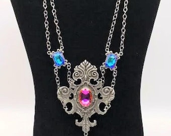 Ornate Victorian Pendant Necklace | Silver Color Iridescent Gems | Fantasy Fairy Witch