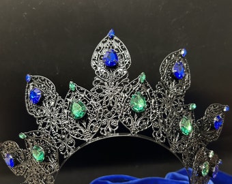 Black Filigree Tiara Headpiece | Green & Blue Rhinestones | Witchy Mermaid Woodland Fairy Evil Mistress Ren Faire Cosplay Photoshoot Moon