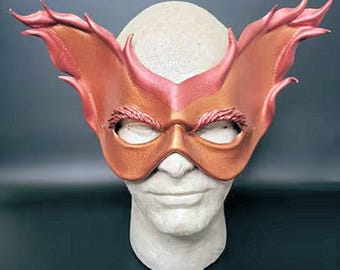 Flaming Bird Leather Mask | Handmade Wings Orange Yellow Red Interpretive Costume Masquerade Mardi Gras