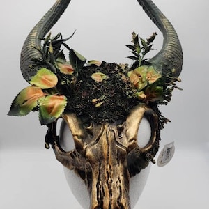 Ancestral Demon Horned Skull Mask With Leaves | Gold | Wendigo Shaman Deer Witch Doctor Halloween