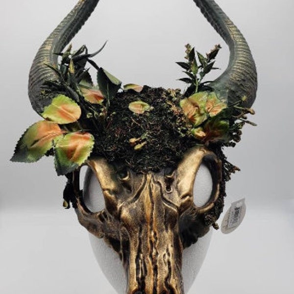 Ancestral Demon Horned Skull Mask With Leaves | Gold | Wendigo Shaman Deer Witch Doctor Halloween