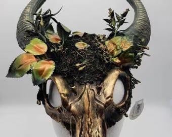 Maska z czaszką z rogatym demonem przodków i liśćmi | Złoto | Wendigo Szaman Jeleń Czarownik Halloween