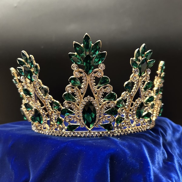 Tall Emerald Rhinestone Tiara | Gold Tone | Crown Princess Queen Royal Cosplay Photoshoot Renaissance Medieval Green