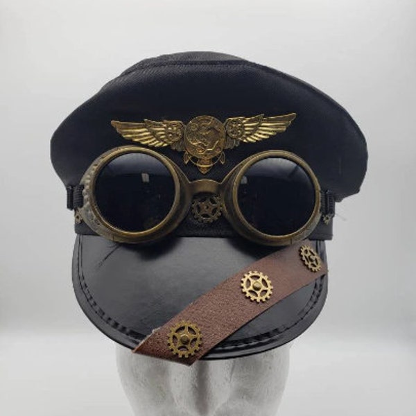 Black Steampunk Police Hat | Gold Aviator Trim Goggles Gears | Diesel Punk Victorian