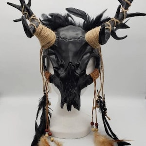 Masque tête de mort avec bois de cerf | Or Argent Cuivre Mousse Forêt-Noire | Wendigo Shaman Witch Doctor Halloween Fée Fée