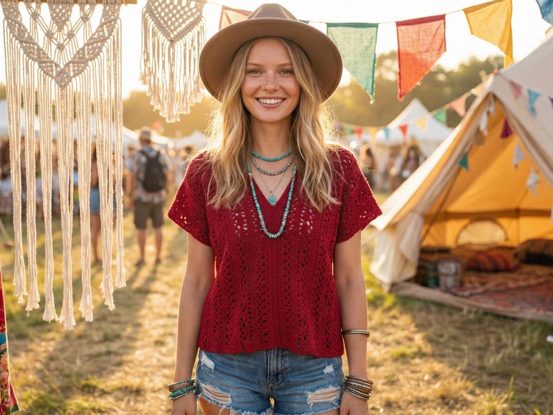 Puede incluir: Una mujer sonr&iacute;e, luciendo un top de ganchillo burdeos, pantalones cortos de mezclilla y un sombrero marr&oacute;n. Lleva collares y pulseras turquesas. El fondo muestra un festival con tiendas de campa&ntilde;a y banderines decorativos.