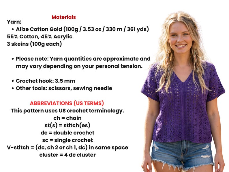 Puede incluir: Una mujer con un top morado de ganchillo con cuello en V y mangas cortas. La imagen incluye texto que detalla los materiales necesarios, incluyendo hilo Alize Cotton Gold, un ganchillo de 3,5 mm y abreviaturas para t&eacute;rminos de ganchillo estadounidenses.