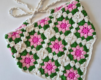 Boho Granny Square Bandana Crochet Pattern PDF & Video, Floral Head Scarf, Festival Hair Accessory