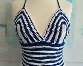 Crochet Halter Top Pattern PDF & Video Tutorial, Coastal Stripe Bralette, Nautical Beach Top