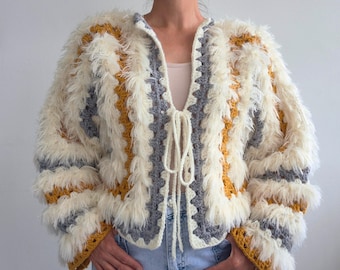 Boho Fringe Crochet Granny Hexagon Cardigan Pattern & Video, Shaggy Jacket, Festival Outfit Sweater