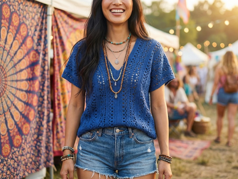 Puede incluir: Una persona lleva un top azul de ganchillo y pantalones cortos de mezclilla. Lleva varios collares y pulseras. El fondo muestra un ambiente de festival con tiendas de campa&ntilde;a y gente.