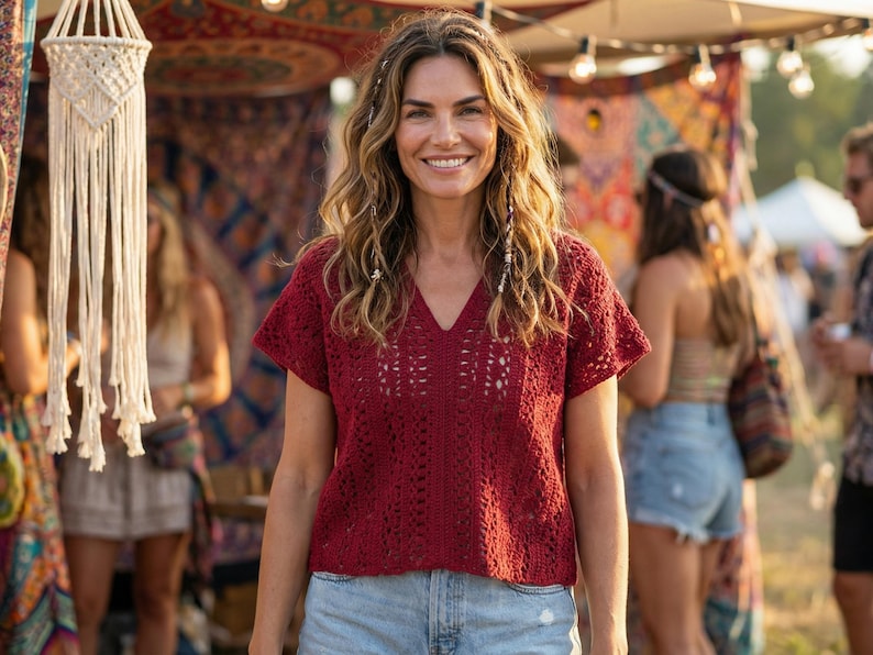 Puede incluir: Una mujer con un top de ganchillo burdeos con cuello en V y mangas cortas, combinado con shorts vaqueros azul claro. El fondo muestra un mercado de estilo bohemio con textiles coloridos y luces decorativas, lo que sugiere un festival o evento al aire libre.