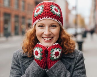 Crochet Granny Square Beanie & Fingerless Gloves Pattern, Beginner-Friendly (PDF)