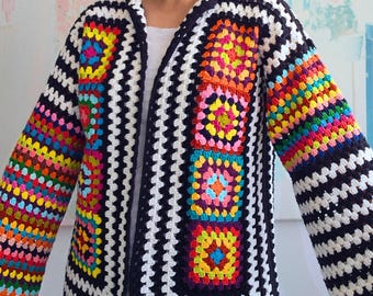 Crochet Cardigan Pattern PDF & Video, Granny Square Colorful Jacket, Boho Sweater