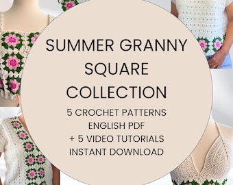 Granny Square Crochet Patterns Bundle, 5 Summer Designs, Tops & Bandana PDF E-Book
