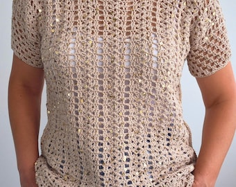 Crochet Top Pattern PDF & Video Tutorial, Sparkle Lace Tee, Summer Top, S–2XL