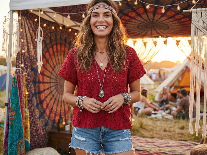 Puede incluir: Una mujer sonr&iacute;e, vistiendo un top de ganchillo rojo, pantalones cortos de mezclilla y una diadema marr&oacute;n. Lleva m&uacute;ltiples pulseras y collares. El fondo muestra una tienda decorada y personas.