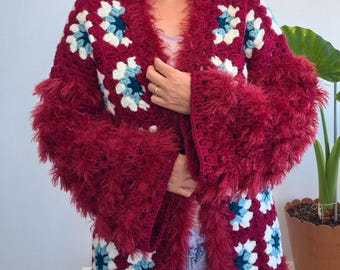Boho Statement Granny Square Cardigan Crochet Pattern & Video, Festival Style, Textured Sleeves