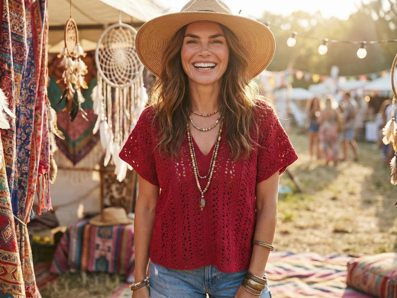 Puede incluir: Una mujer sonr&iacute;e, vistiendo un top de ganchillo rojo, pantalones cortos de mezclilla y un sombrero de paja. Lleva collares y pulseras superpuestos. El fondo muestra un mercado con atrapasue&ntilde;os y textiles coloridos, sugiriendo un tema bohemio.
