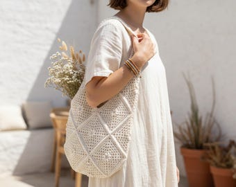 Boho Granny Square Market Bag Crochet Pattern & Video Tutorial, Geometric Modern Minimal Tote PDF