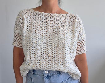 Crochet Summer Top Pattern, Boho Lace Blouse, Short Sleeve Beach Shirt, Lightweight Beachwear, S-2XL,