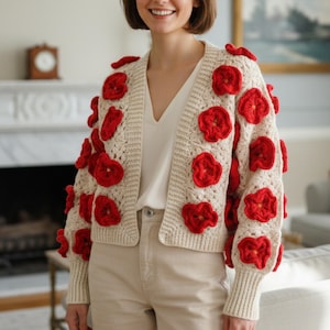 かぎ針編みフラワーカーディガン パターン PDF & ビデオ: 3D ガーデンジャケット、花柄グランマスクエア