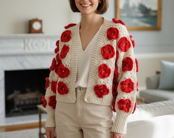 Crochet Flower Cardigan PATTERN PDF & VİDEO: 3D Garden Jacket, Floral Granny Square