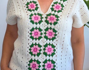 Patrón de top de ganchillo cuadrado de la abuela en PDF y vídeo, blusa bohemia floral de verano, camisa con cuello en V.