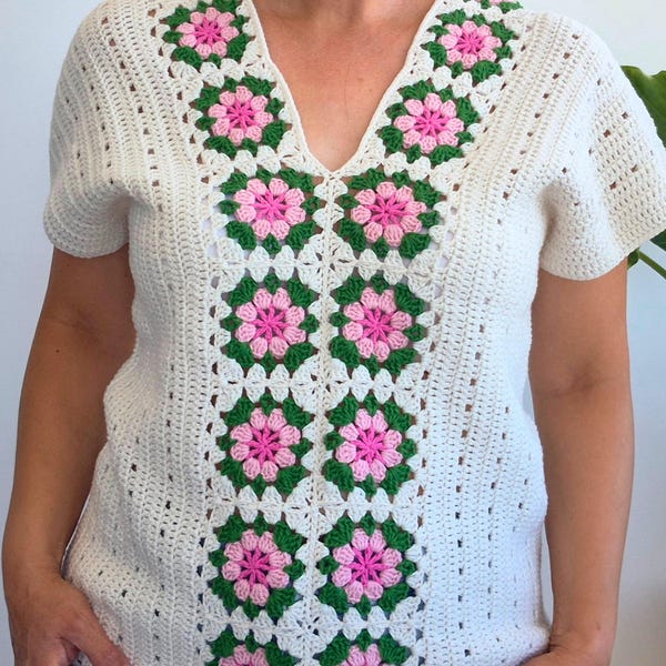 Häkelanleitung für das Grandma Square Top (PDF & Video), florale Sommerbluse im Boho-Stil, V-Ausschnitt