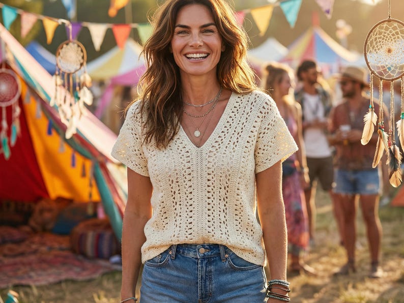 Puede incluir: Una mujer con un top de crochet crema con cuello en V y vaqueros azules. Sonr&iacute;e frente a una carpa colorida y atrapasue&ntilde;os, lo que sugiere un festival o evento al aire libre.