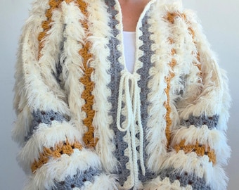 Boho Fringe Crochet Granny Hexagon Cardigan Pattern & Video, Shaggy Jacket, Festival Outfit Sweater