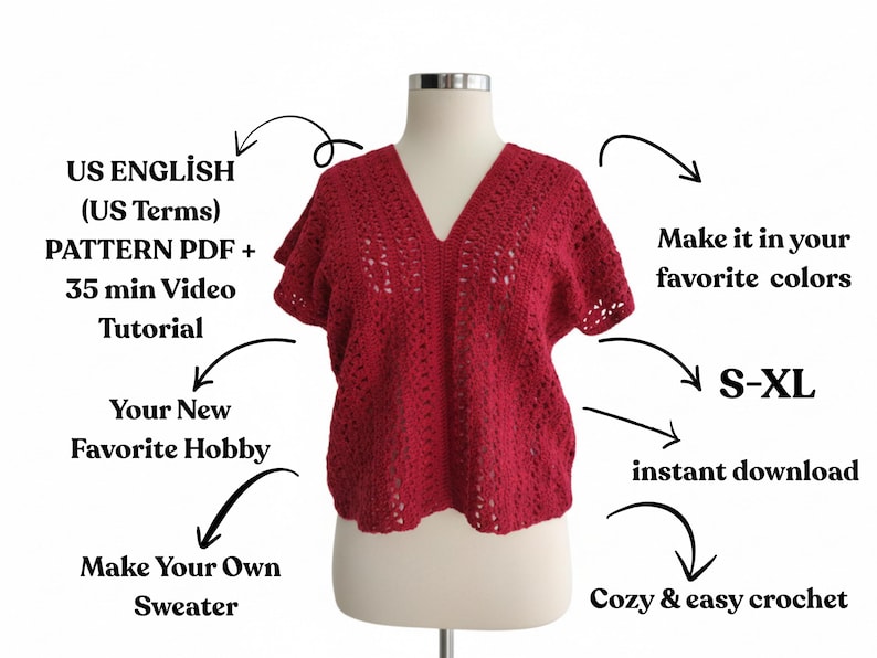 Puede incluir: Un su&eacute;ter rojo de crochet de manga corta exhibido en un maniqu&iacute;. El su&eacute;ter tiene cuello en V y un dise&ntilde;o calado texturizado. El texto en la imagen incluye "S-XL", "Hazlo en tus colores favoritos" y "Crochet c&oacute;modo y f&aacute;cil".