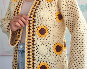 Crochet Sunflower Granny Square Cardigan Pattern PDF & Video Tutorial , Boho Jacket, Vintage Sweater