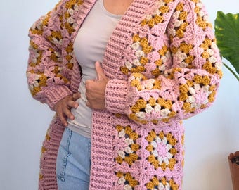 Crochet Granny Square Cardigan Pattern & Video Tutorial, Boho Patchwork Jacket, S–XL